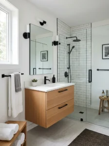 Black hardware in modern bathroom