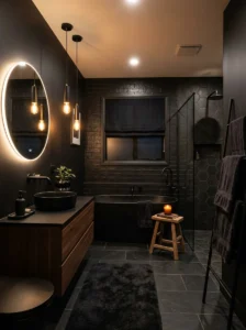 Soft lighting in black bathroom