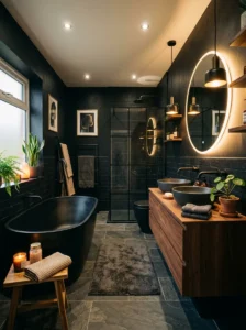 Black bathroom walls with soft lighting