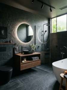 Textured black tiles in bathroom