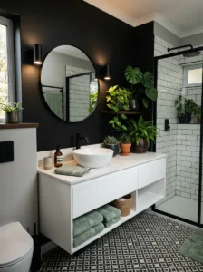 Black accent wall bathroom with sage green decor