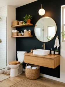 Black accent wall bathroom with tan decor and warm touches