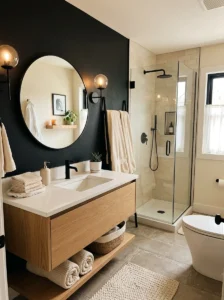 Black accent wall bathroom with cream decor elements