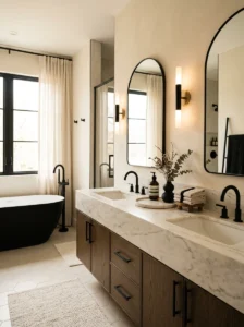 Black and cream bathroom with soft tones, marble vanity, and matte black fixtures