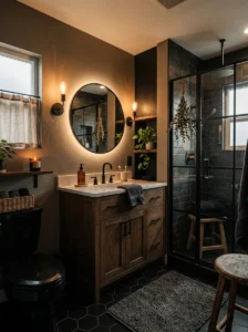 Soft lighting black bathroom