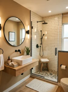 Tan bathroom walls with matte black fixtures and warm cozy design