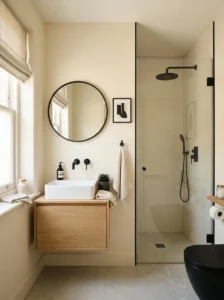 Cream bathroom walls with matte black fixtures and soft modern design