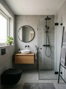 Matte black grey tile bathroom