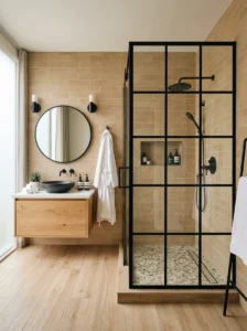 Black shower frame bathroom with tan tiles and modern design