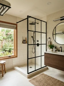 Black shower frame with cream tiles bathroom design