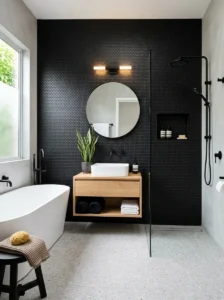 Black penny tile feature wall