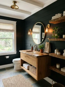 Black shiplap and wood bathroom