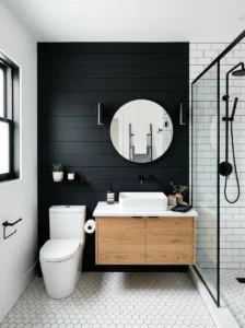 Full black shiplap wall bathroom