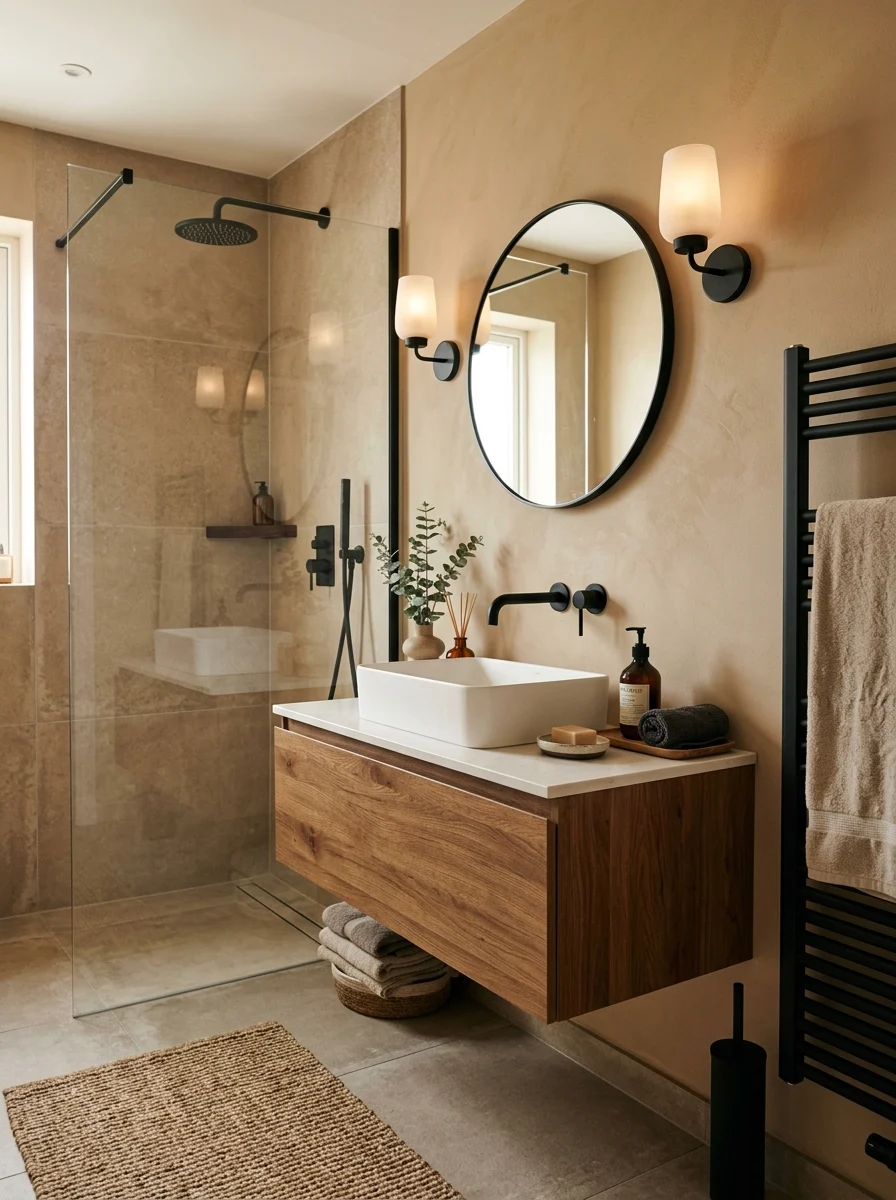Black and tan bathroom design with warm tones, matte black fixtures, and cozy modern decor