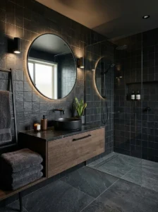 Textured matte black tiles bathroom