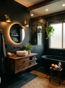 Matte black walls bathroom lighting