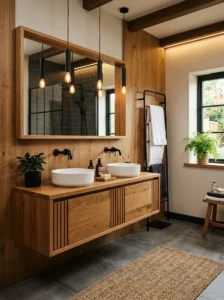 Matte black and wood bathroom