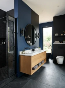 Blue and black two tone bathroom walls