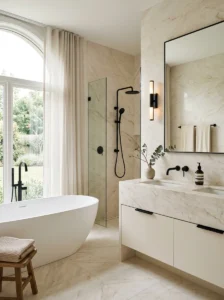 Cream marble bathroom with black fixture details