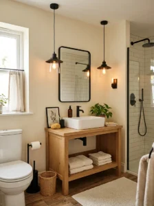 Cream bathroom with black lighting fixtures and soft design