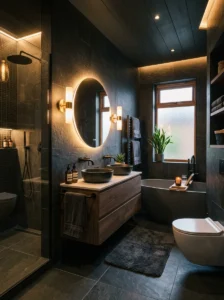 Dark tile bathroom with soft lighting