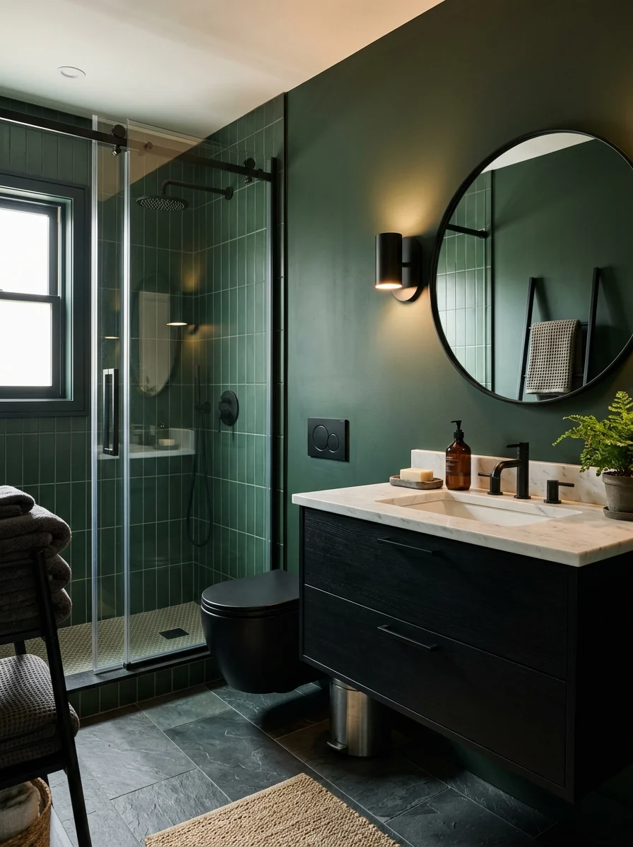 Dark green and black bathroom ideas with modern stylish design