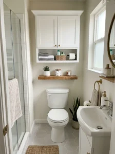Wall-mounted storage saving space in small bathroom