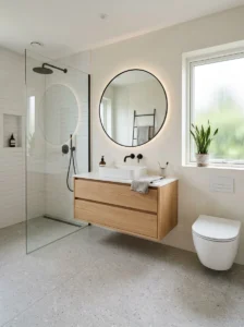 Floating vanity creating open space in small bathroom
