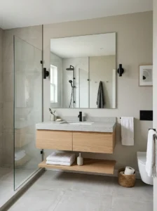 Frameless mirror in modern bathroom
