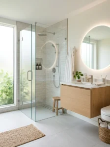 Glass shower door making small bathroom feel open