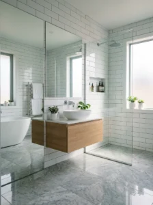 Reflective surfaces making small bathroom brighter