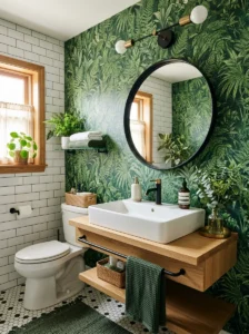 Green botanical wallpaper bathroom with black framed mirror