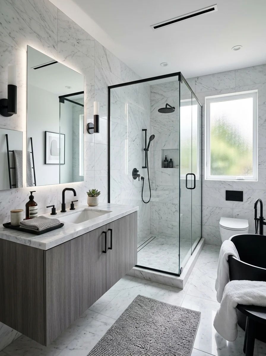 Black white and grey bathroom ideas with modern clean design