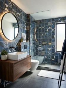 Blue and black patterned bathroom