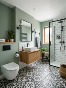 Patterned tile bathroom with sage walls and black fixtures
