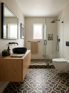 Black and tan patterned floor tiles in modern bathroom