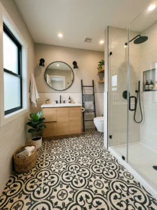 Black and cream patterned tile bathroom floor design