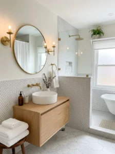 Half wall penny tile bathroom