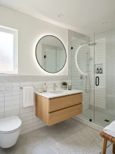 Penny tile border design bathroom