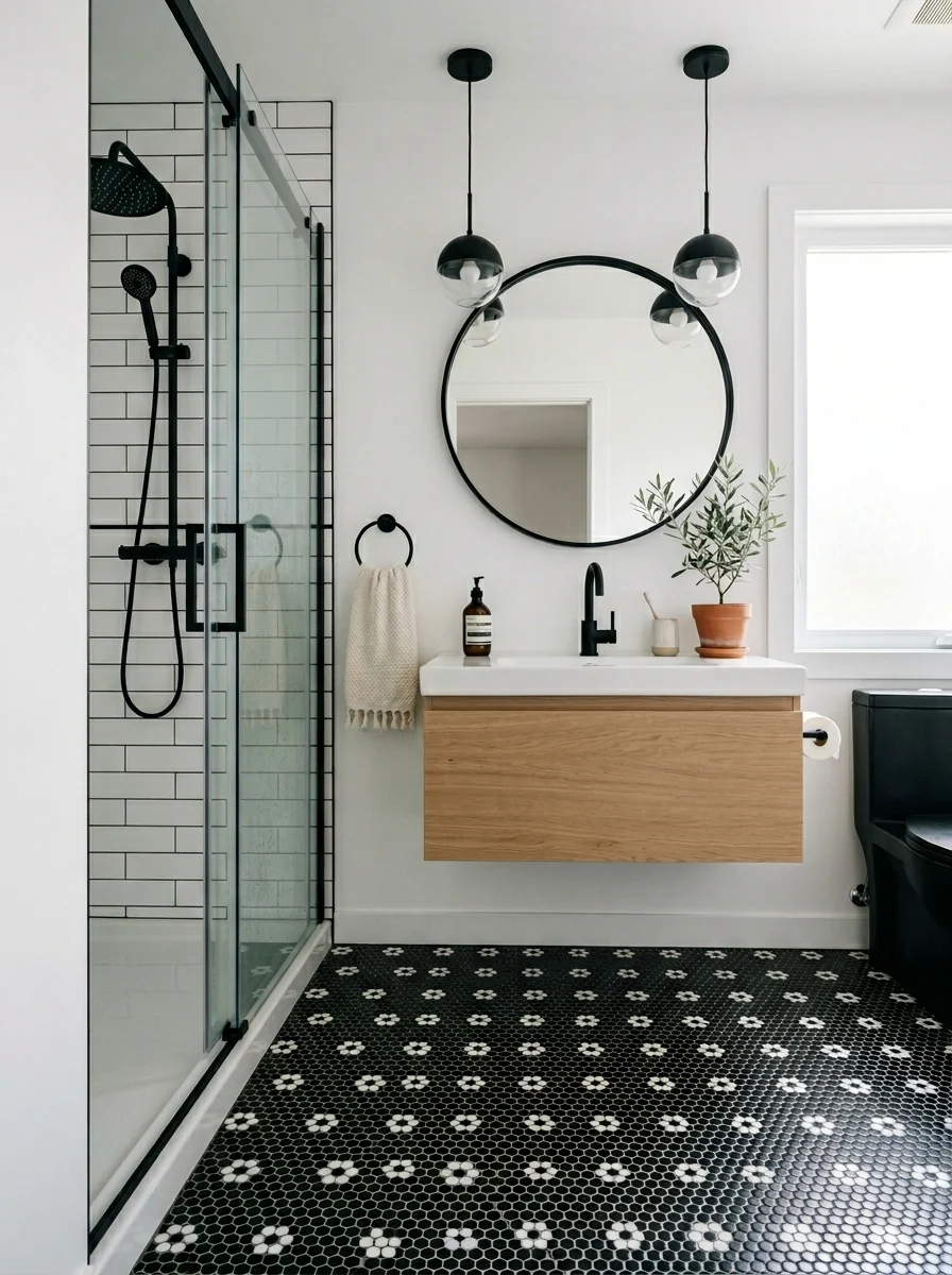 Black and white penny tile bathroom ideas with modern clean design