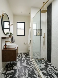 Mixed finish penny tile bathroom