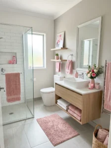 Pink accents in neutral bathroom