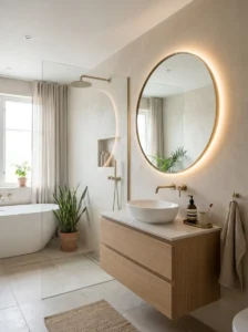 Round mirror in modern bathroom design