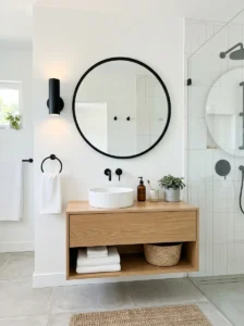 Round black mirror bathroom design