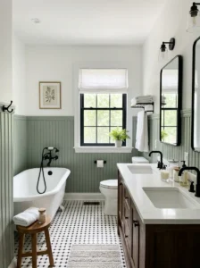 Sage wainscoting bathroom with black hardware and white walls