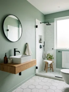 Soft sage green bathroom with matte black fixtures and clean design