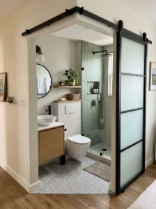 Sliding door improving space in small bathroom