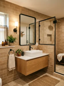 Tan tile bathroom with black framed mirror and neutral tones