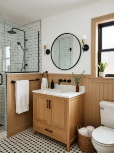 Tan wainscoting bathroom with black hardware and white walls