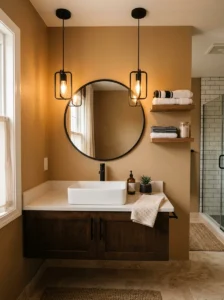 Tan bathroom walls with black lighting fixtures and cozy style